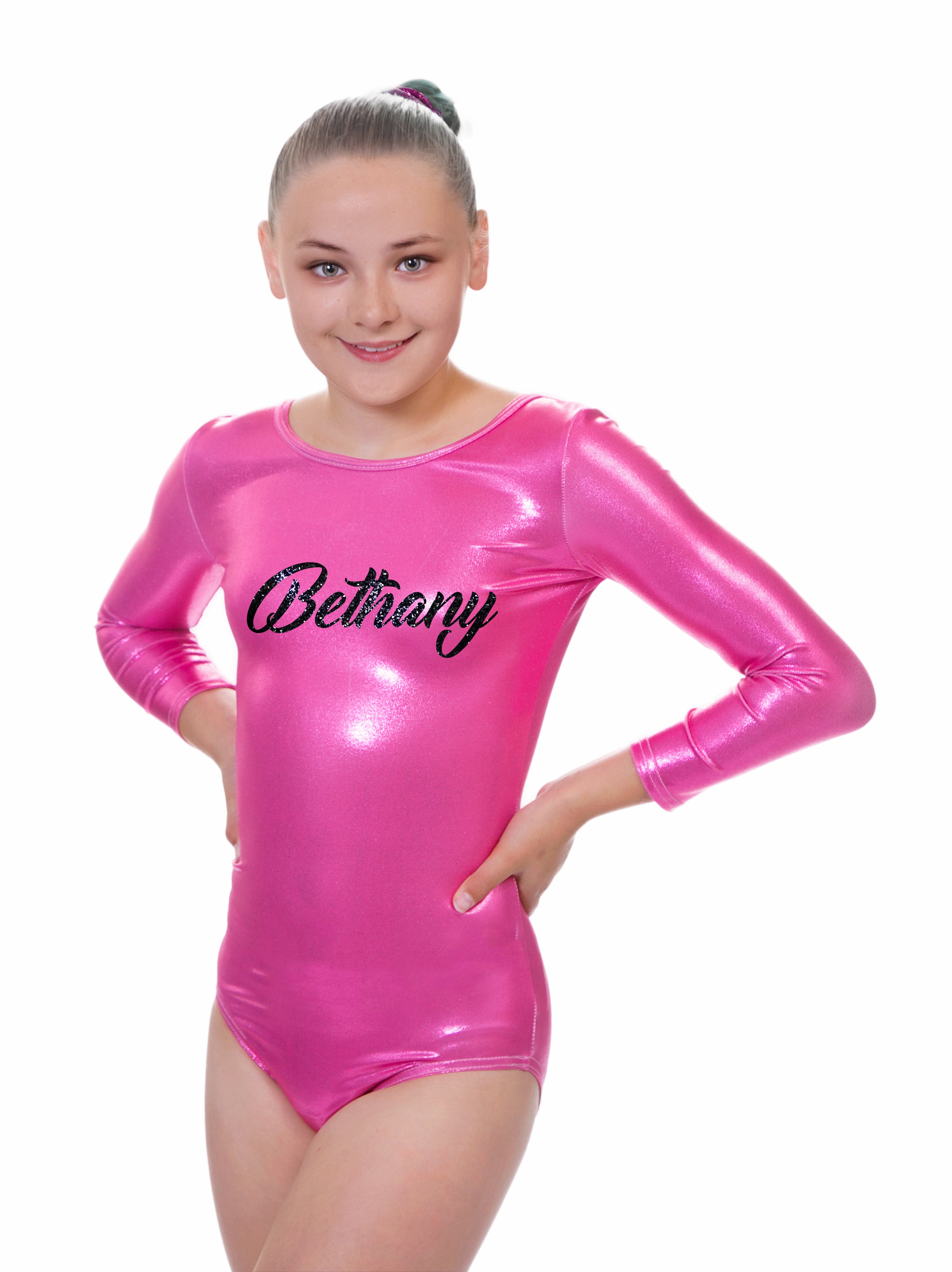 Personalised Hot Pink Mystique Long Sleeved Gymnastics Leotard CS Size 26