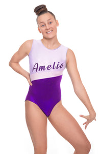 Personalised Shimmer Purple, Ice White and Silver Stripe Short Sleeved Gymnastic Training Leotard